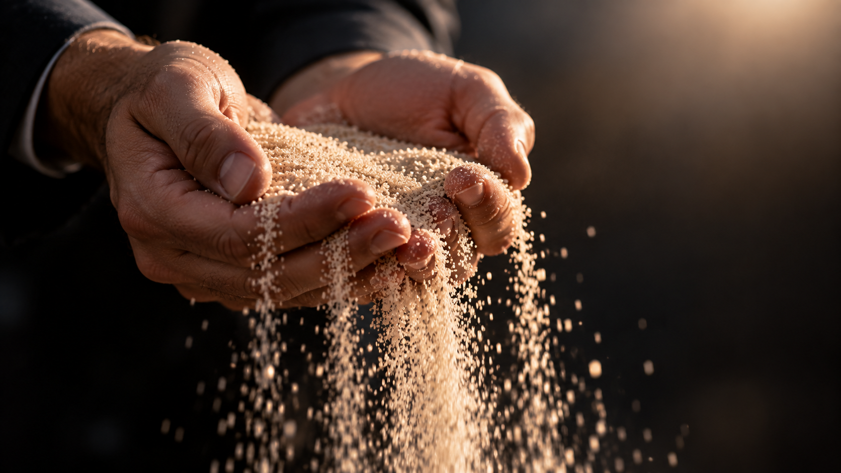 Hands holding pale grains as they fall through the fingers